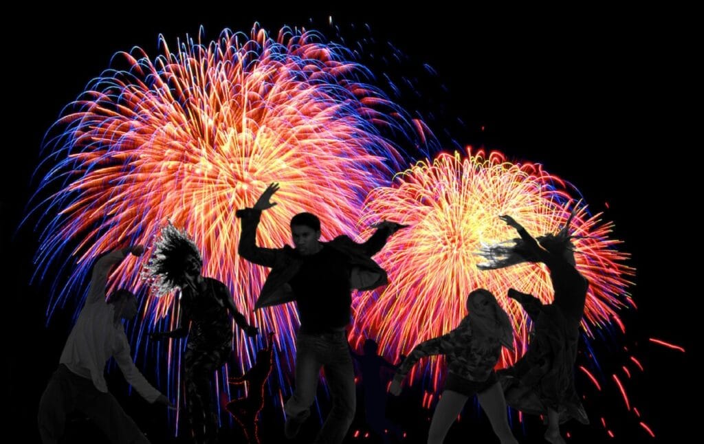 5Rhythms 5 dancers fireworks behind