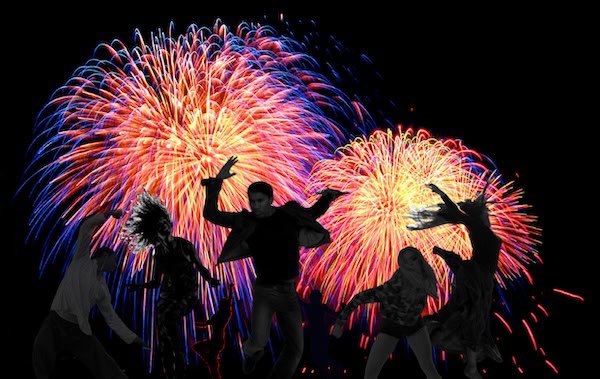 5Rhythms 5 dancers fireworks behind