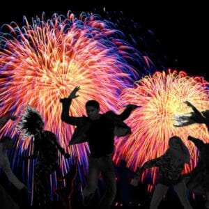 5Rhythms 5 dancers fireworks behind